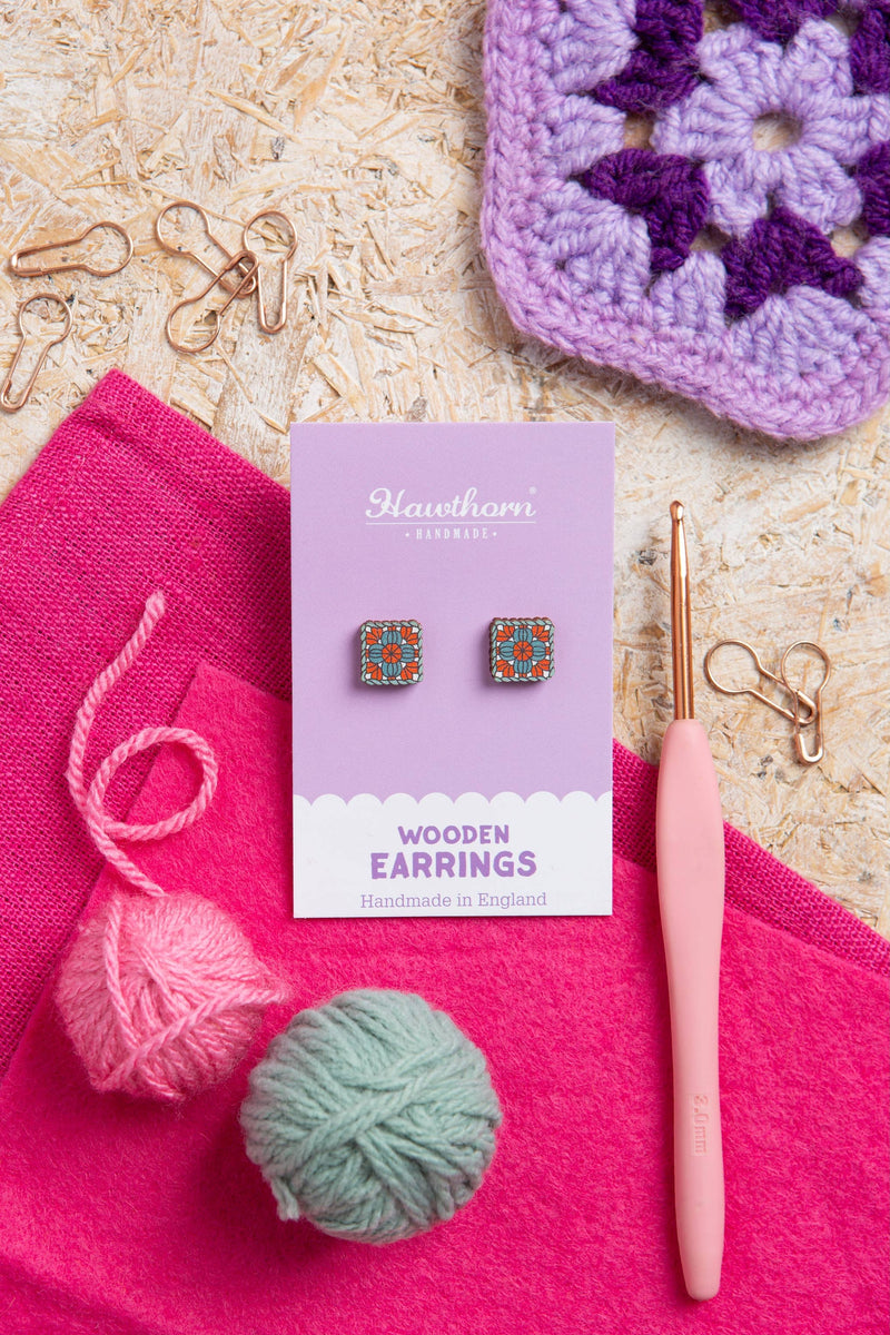Granny Square Wooden Earrings - Crochet Jewellery