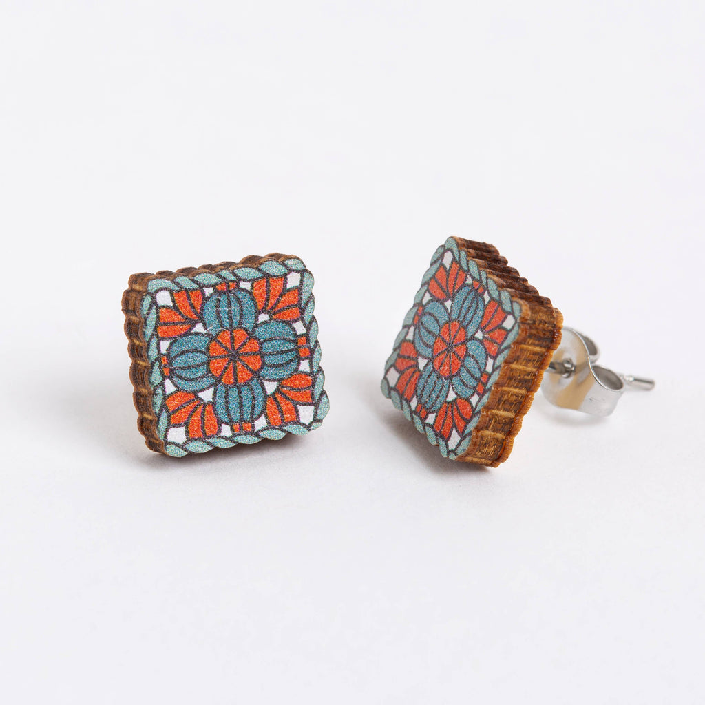Granny Square Wooden Earrings - Crochet Jewellery