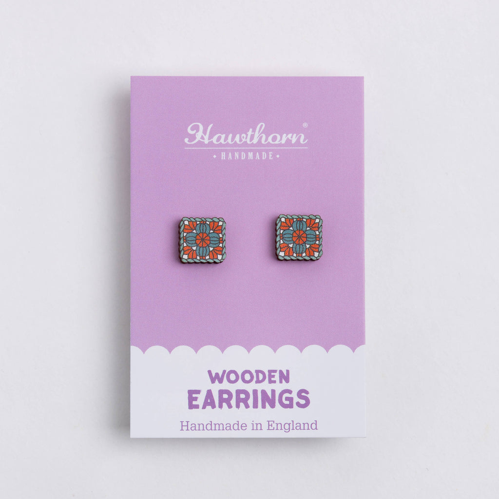 Granny Square Wooden Earrings - Crochet Jewellery