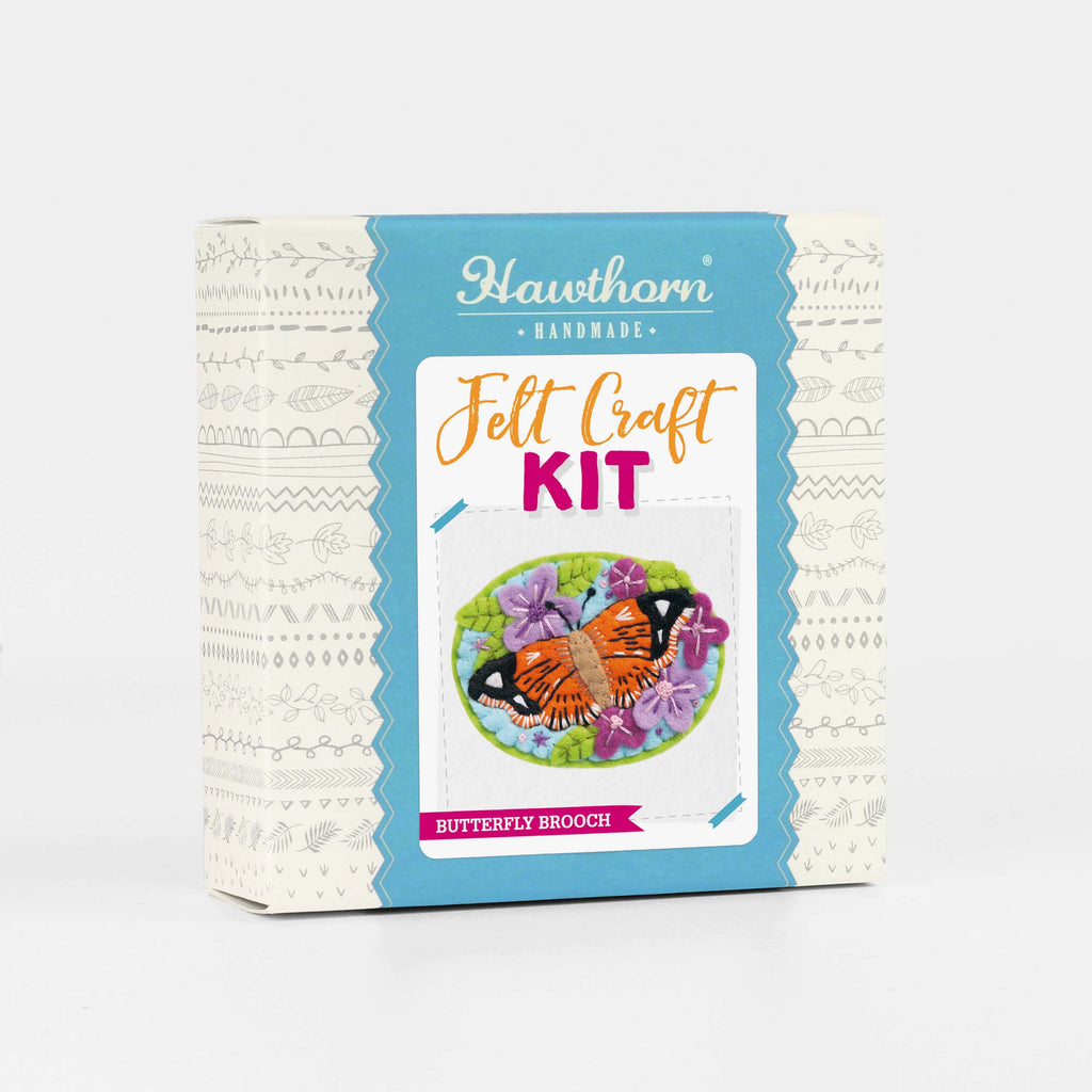 Hawthorn Handmade felt craft kit packaging with butterfly brooch design on a white background