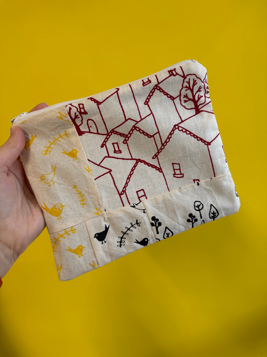 Nothing New Notions Pouch - Screenprinted Houses + Birds