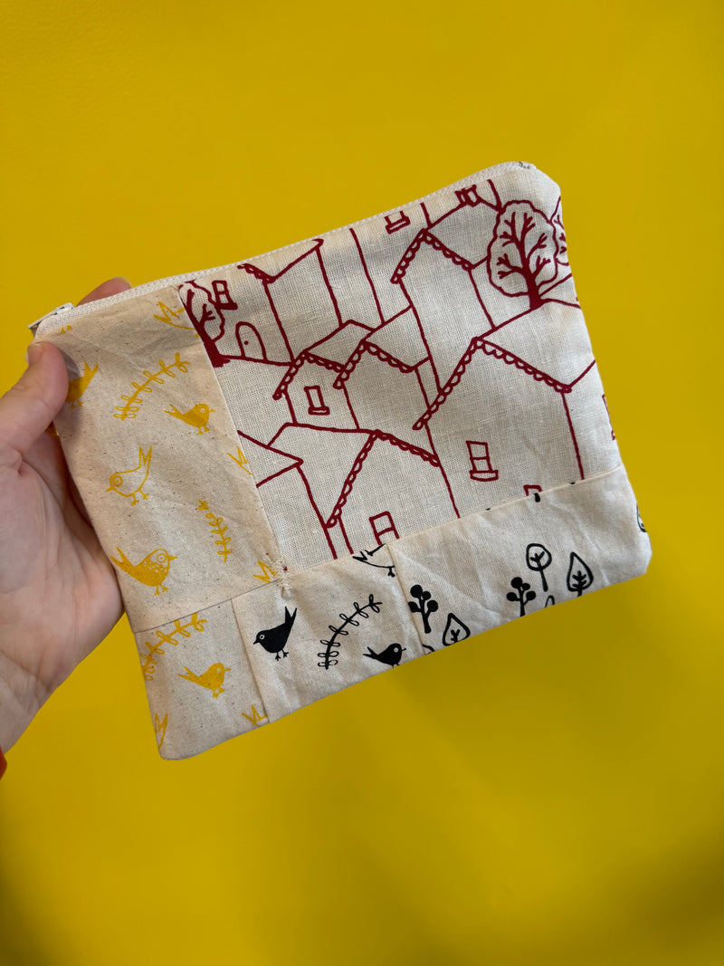 Nothing New Notions Pouch - Screenprinted Houses + Birds