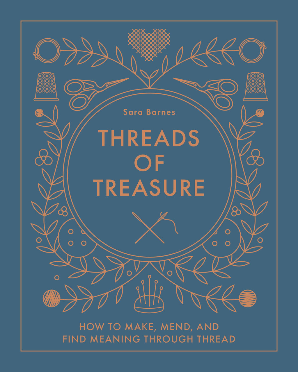 Book cover of 'Threads of Treasure' with decorative elements on a blue background
