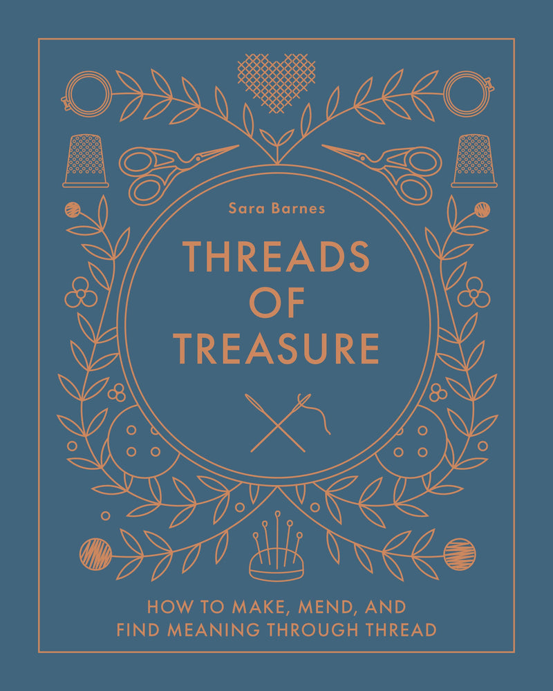 Book cover of 'Threads of Treasure' with decorative elements on a blue background
