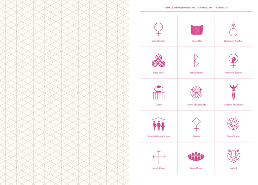 Collection of gender equality symbols on a white background with a grid pattern.