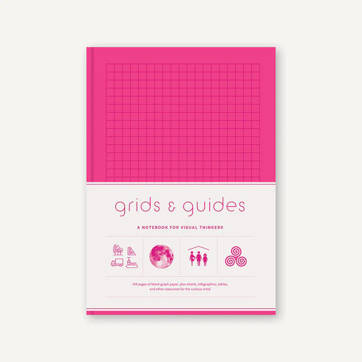 Notebook with pink grid cover and white spine on a light gray background